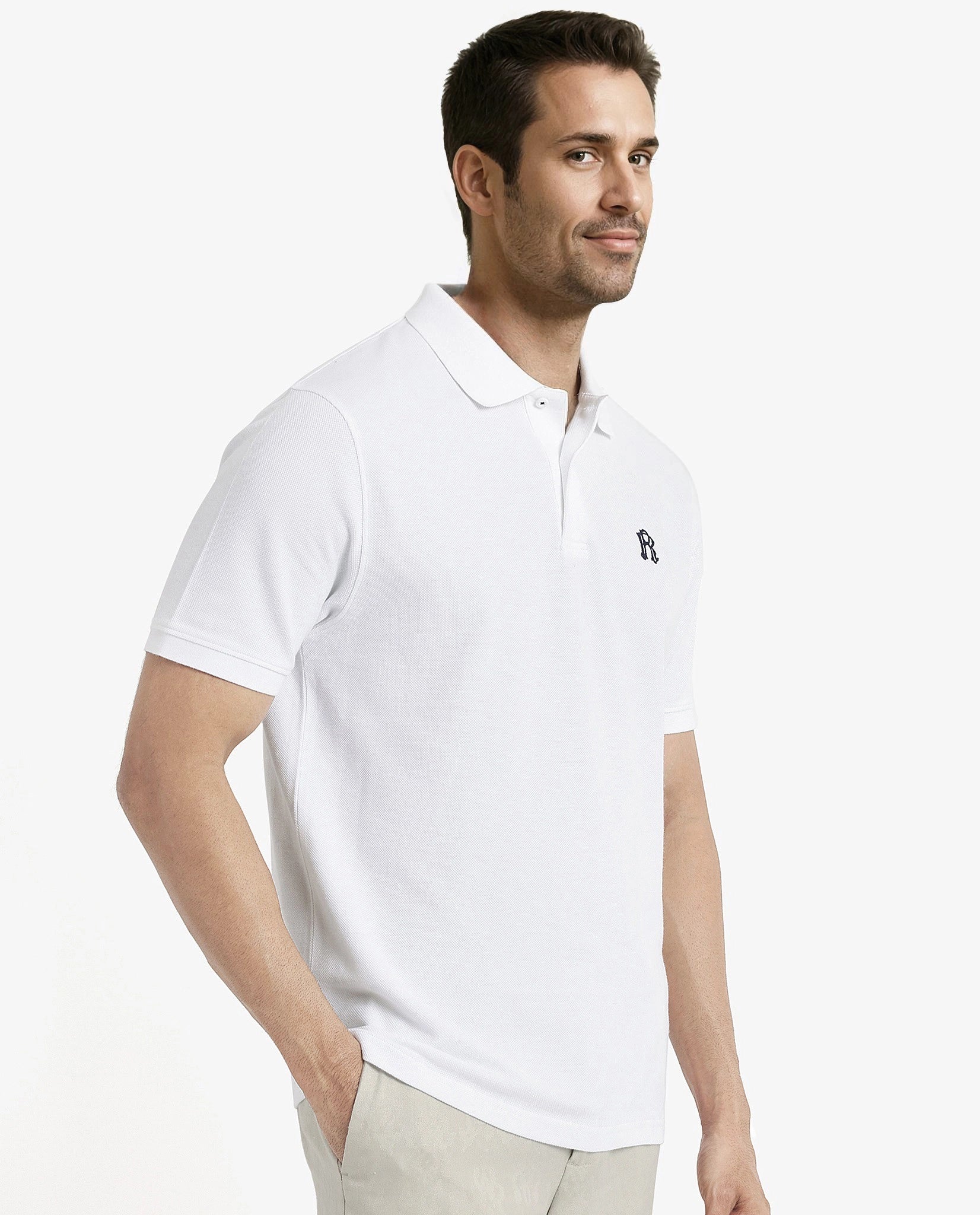 Rare Rabbit Men Dive White Cotton Fabric Short Sleeve Button Closure Regular Fit Embroidered Logo Plain Polo T-Shirt