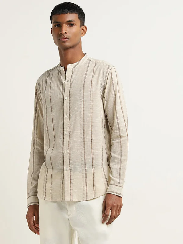 ETA Beige Stripe Printed Resort-Fit Cotton Shirt