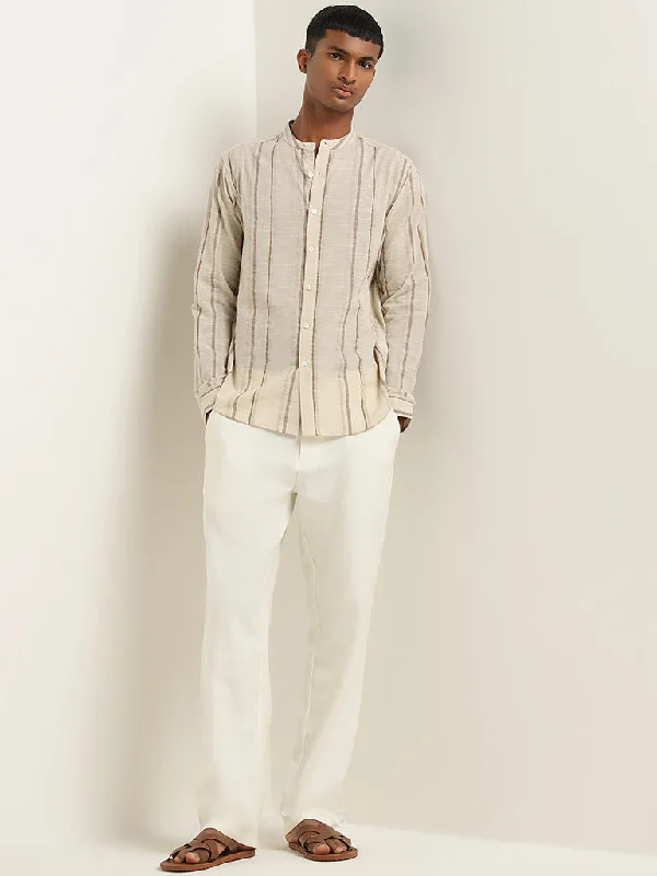 ETA Beige Stripe Printed Resort-Fit Cotton Shirt