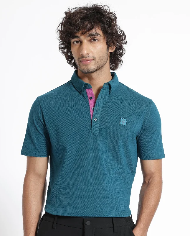 Rare Rabbit Men's Herval Blue Cotton Fabric Collared Neck Half Sleeves Polo T-Shirt