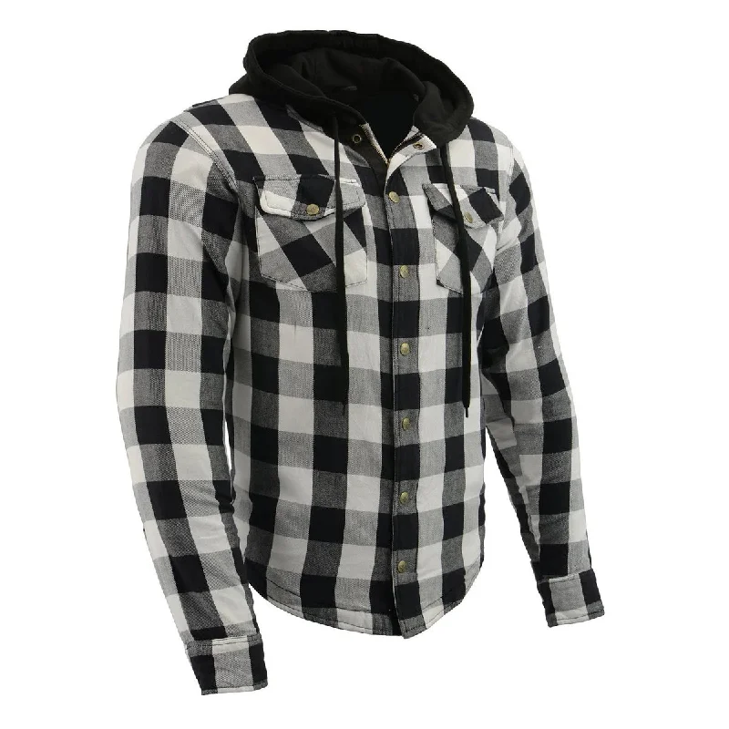 Men's Plaid Hooded Flannel Biker Shirt with CE Approved Armor - Reinforced w/ Aramid Fibers