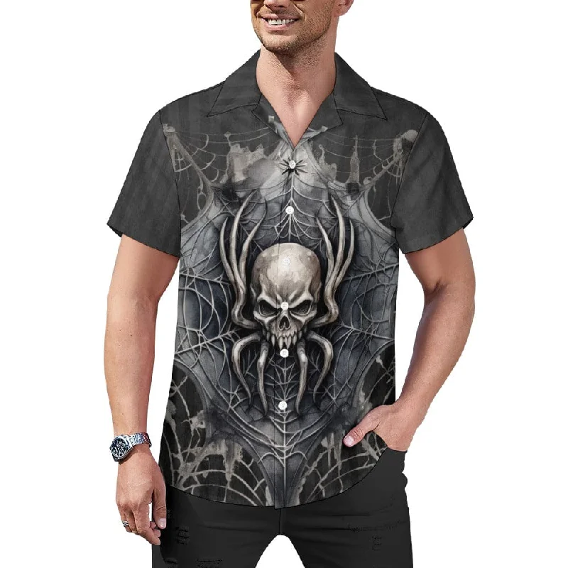 Mens Skull Spider Black Cuban Collar Dress Shirt