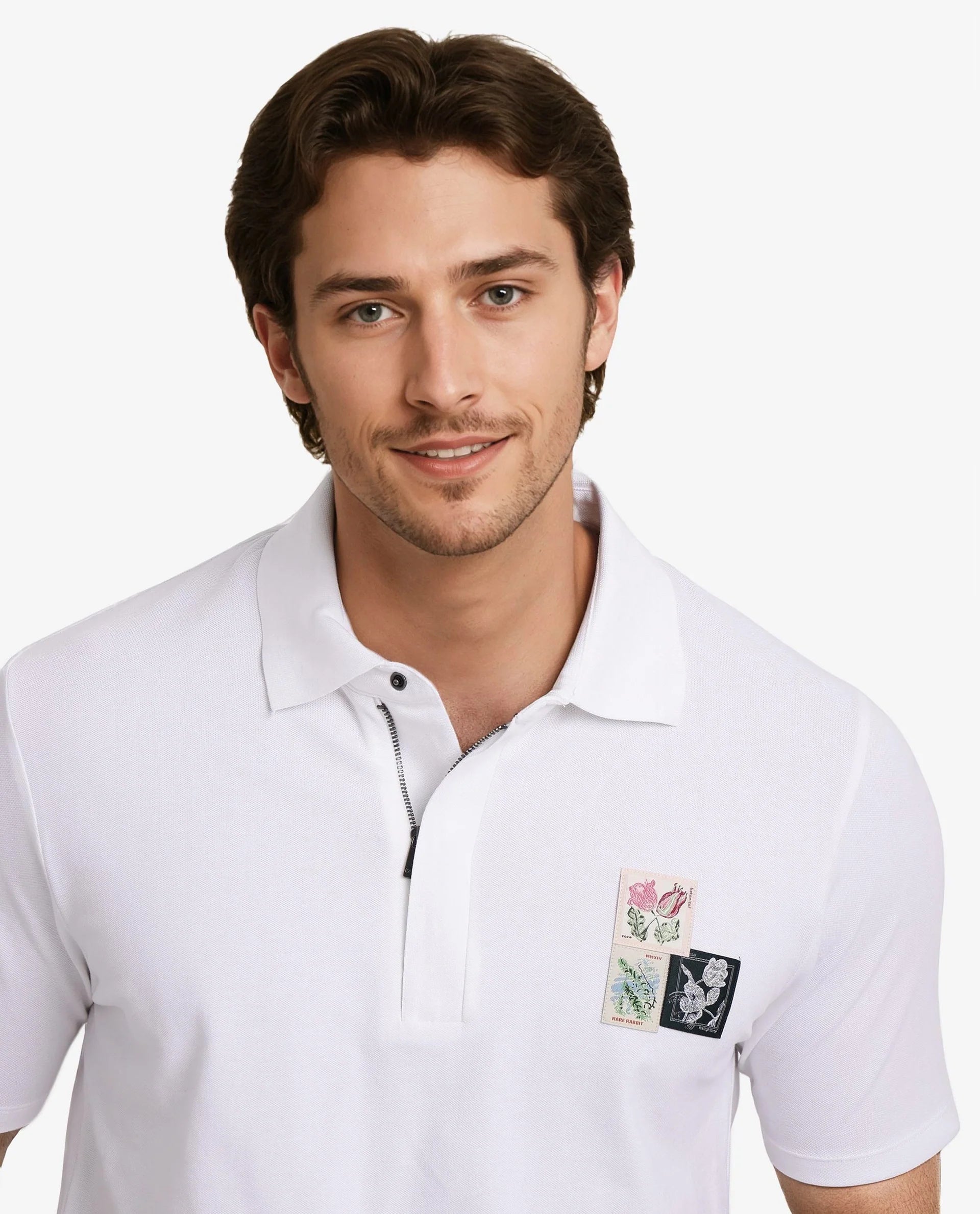 Rare Rabbit Men Nesco White Short Sleeve Regular Collar Zipper Closure Floral Applique Polo T-Shirt