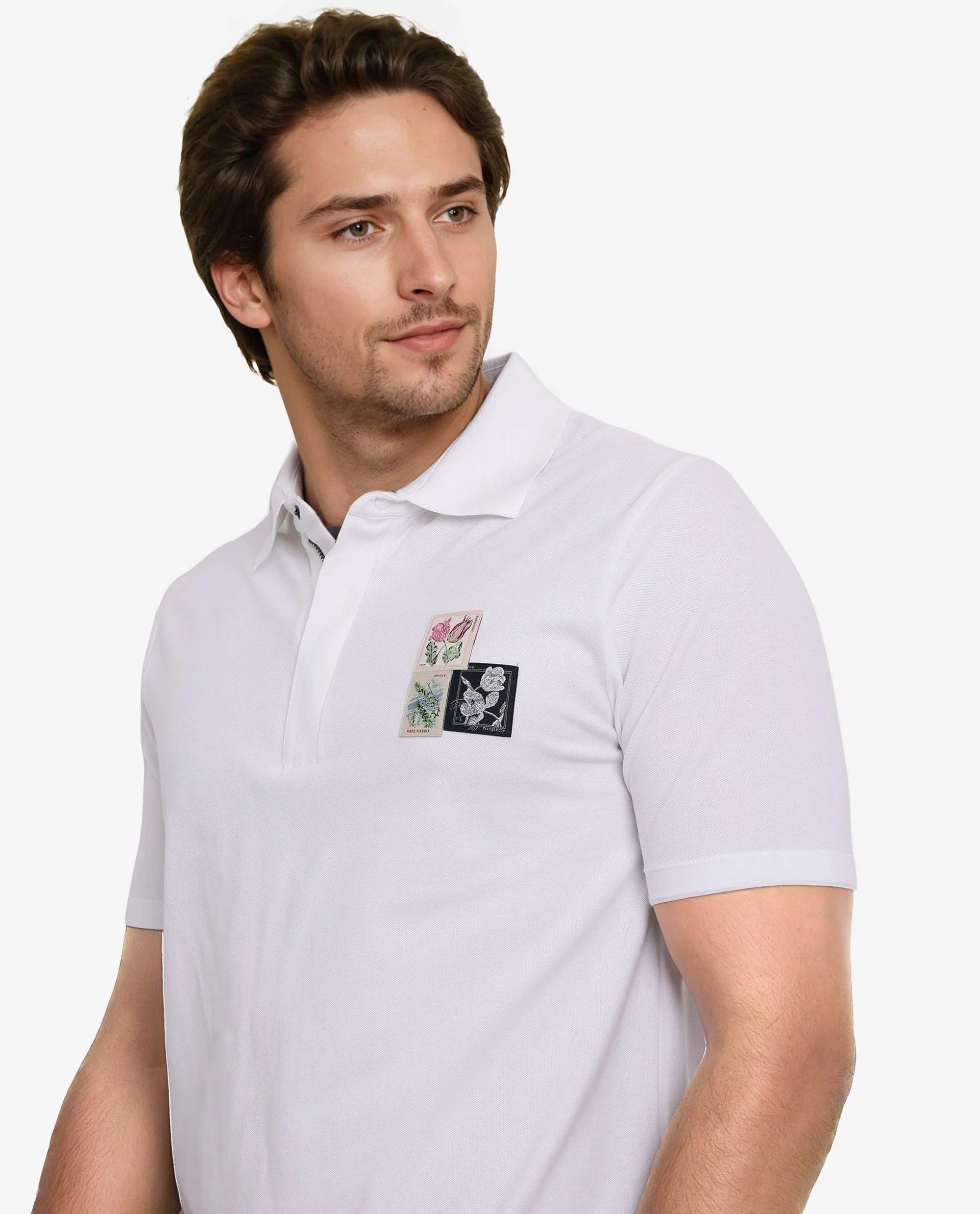 Rare Rabbit Men Nesco White Short Sleeve Regular Collar Zipper Closure Floral Applique Polo T-Shirt