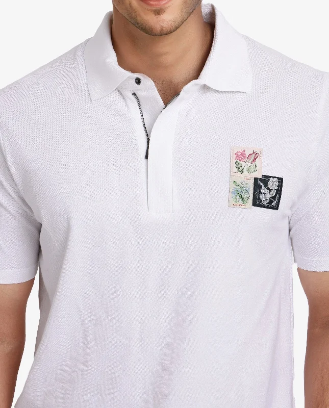 Rare Rabbit Men Nesco White Short Sleeve Regular Collar Zipper Closure Floral Applique Polo T-Shirt