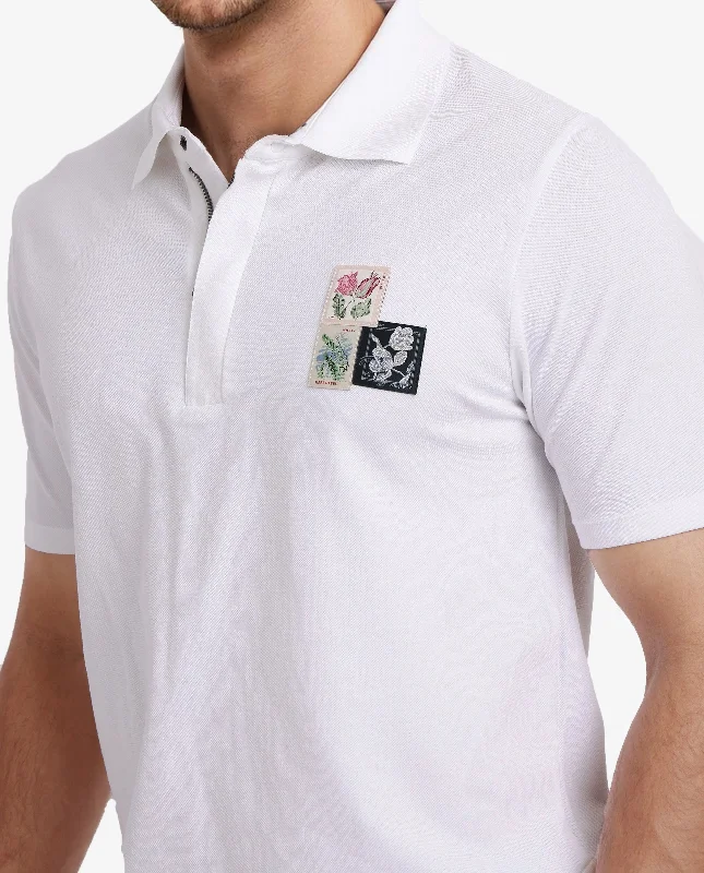 Rare Rabbit Men Nesco White Short Sleeve Regular Collar Zipper Closure Floral Applique Polo T-Shirt