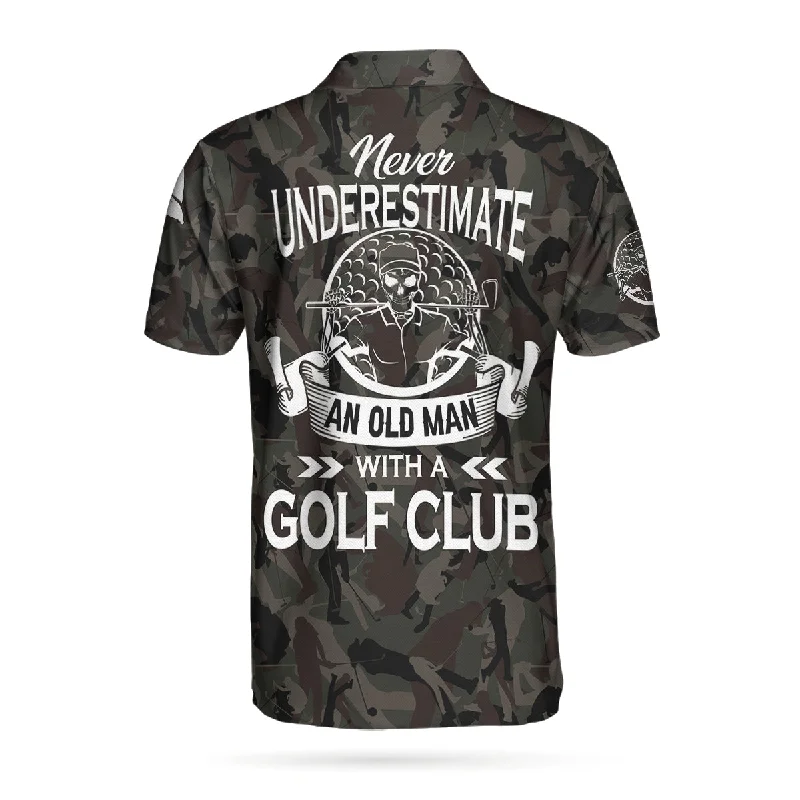 Never Underestimate An Old Man Camouflage Pattern Skull Polo Shirt, Army Skeleton Golfer Polo Shirt, Camo Golf Shirt For Men Coolspod