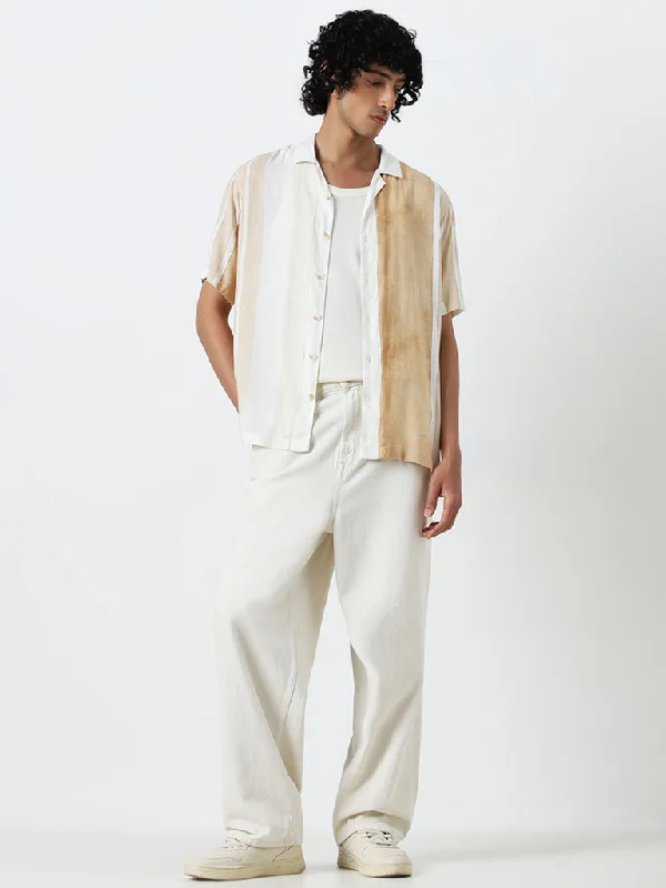 Nuon Beige Stripe Printed Relaxed-Fit Shirt