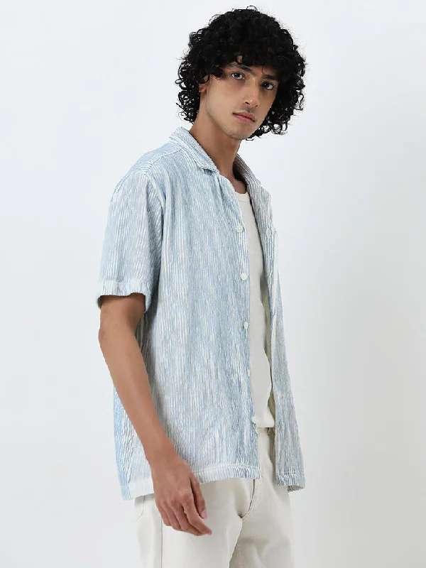 Nuon Blue Striped Relaxed Fit Cotton Blend Shirt