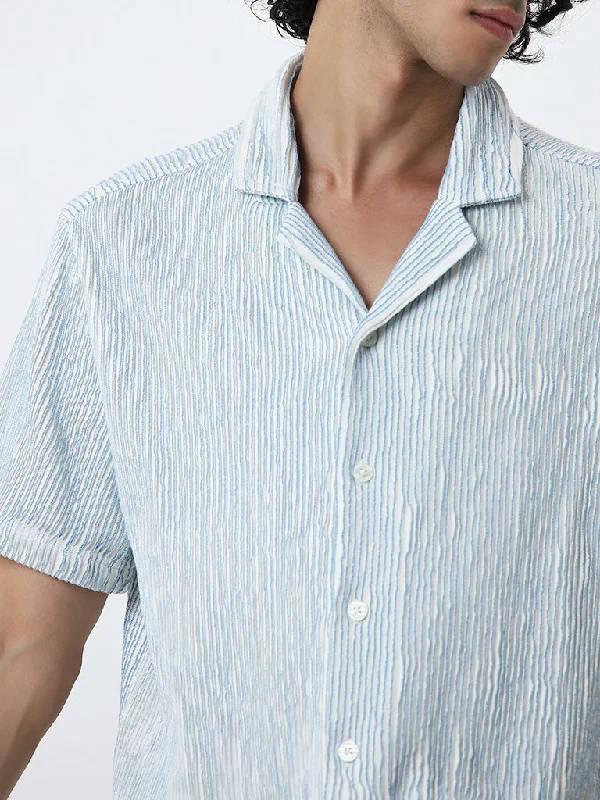 Nuon Blue Striped Relaxed Fit Cotton Blend Shirt