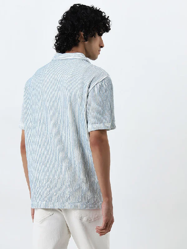 Nuon Blue Striped Relaxed Fit Cotton Blend Shirt