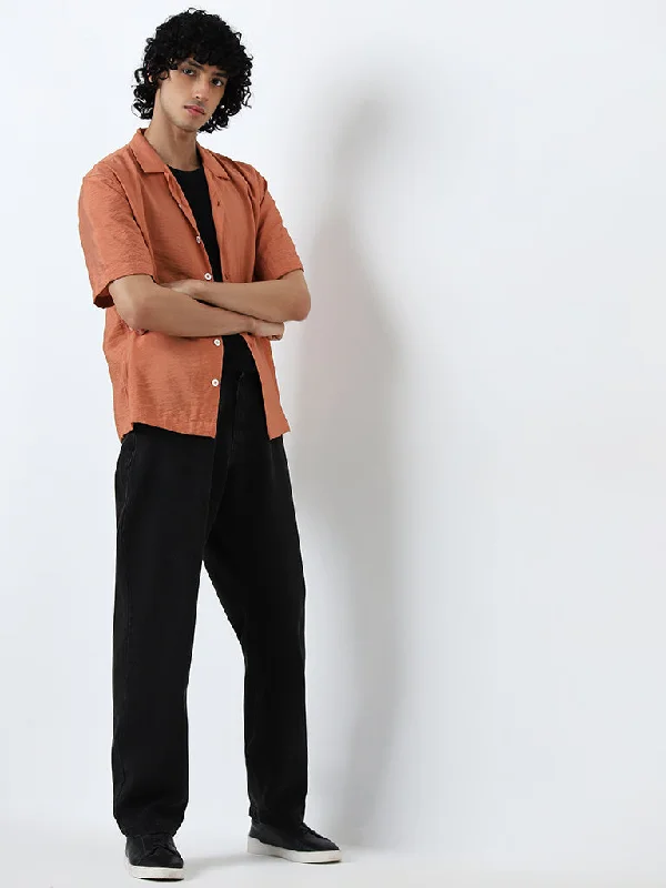 Nuon Dusty Orange Crinkled Relaxed Fit Cotton Shirt