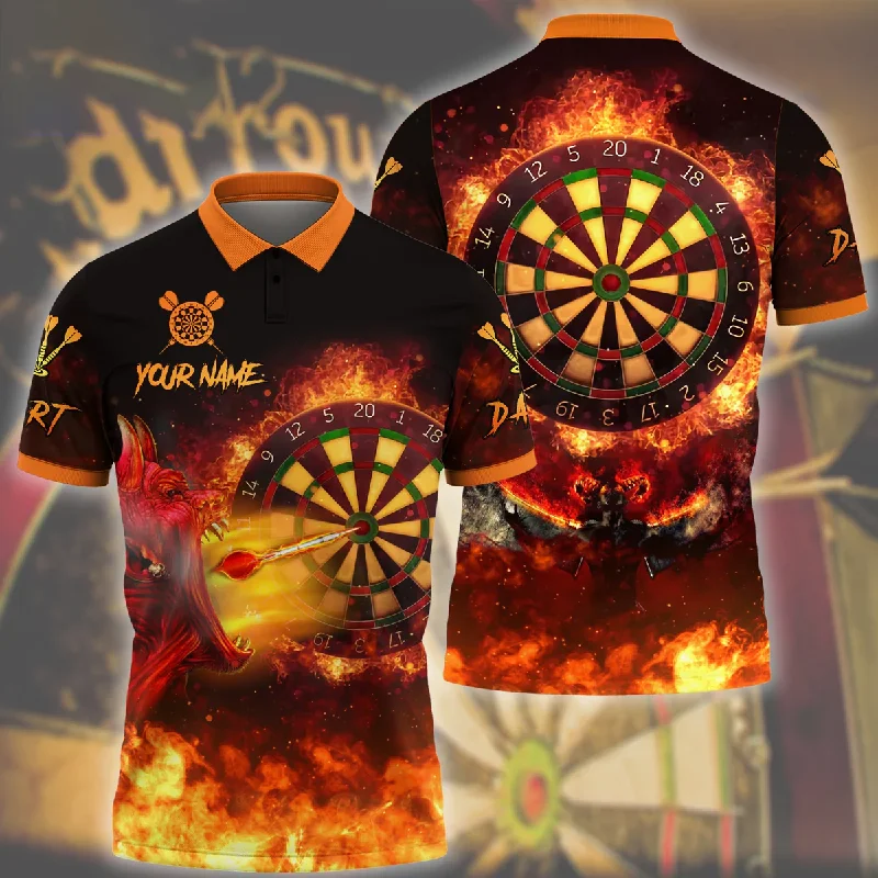 Personalized Name Darts Devils Skull Fire All Over Printed Polo Shirt, Fire Dart Shirt