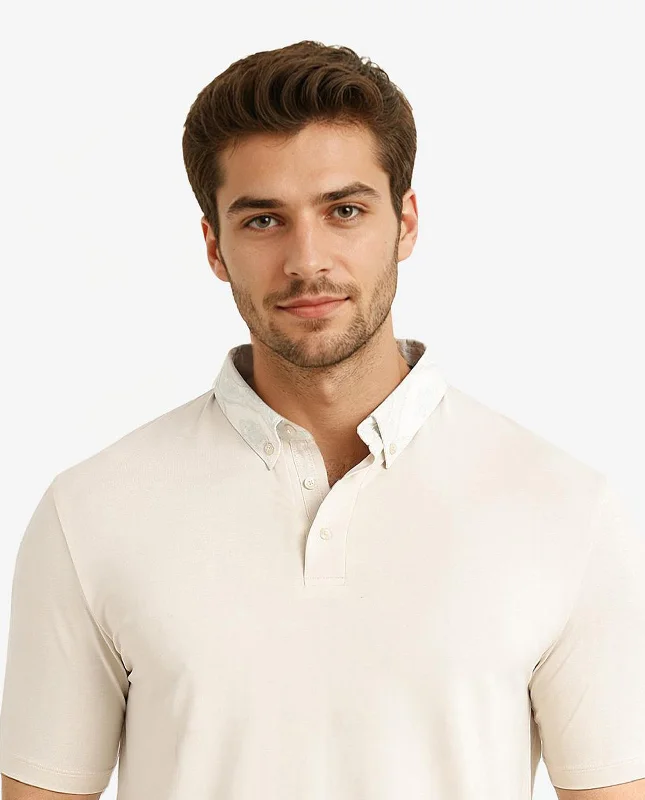 Rare Rabbit Men Ringer-2 Off White Cotton Fabric Printed Collar Half Sleeves Polo T-Shirt