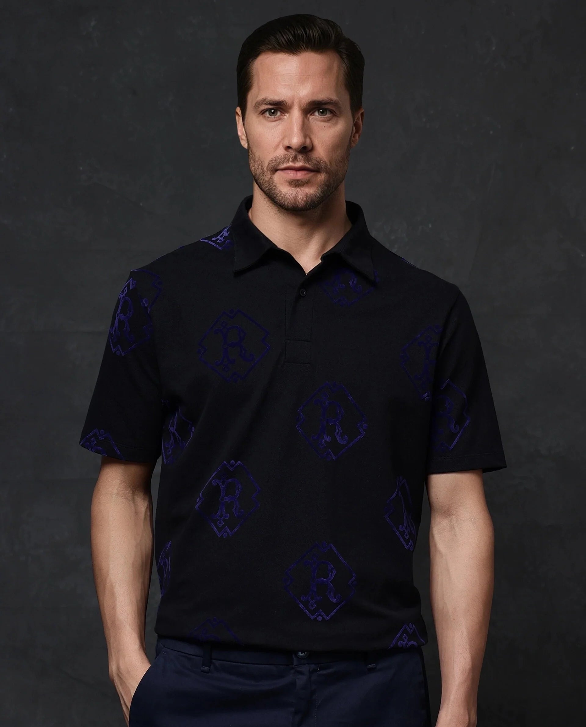 Rare Rabbit Men Roson Black Short Sleeve Regular Collar Button Closure Regular Premium Monogram Flock Print Polo