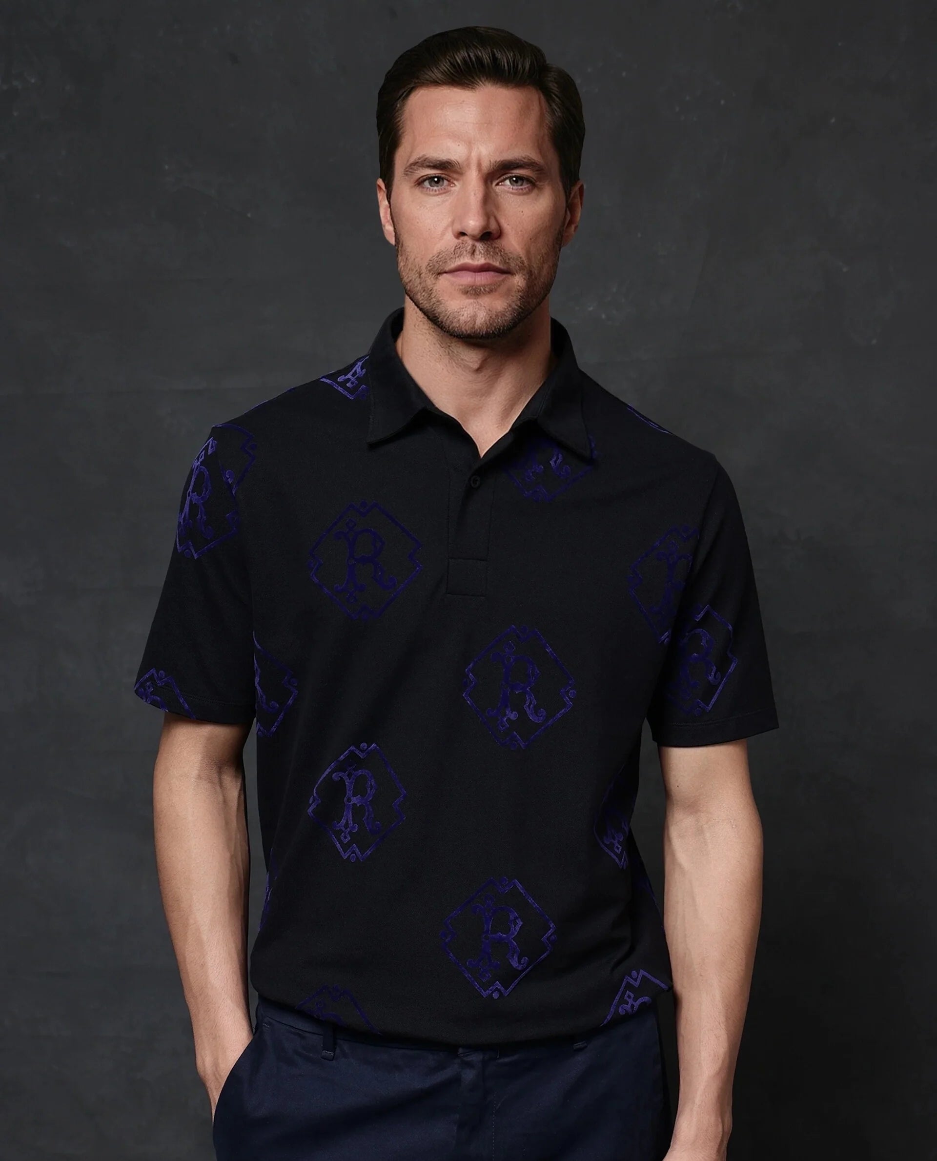 Rare Rabbit Men Roson Black Short Sleeve Regular Collar Button Closure Regular Premium Monogram Flock Print Polo