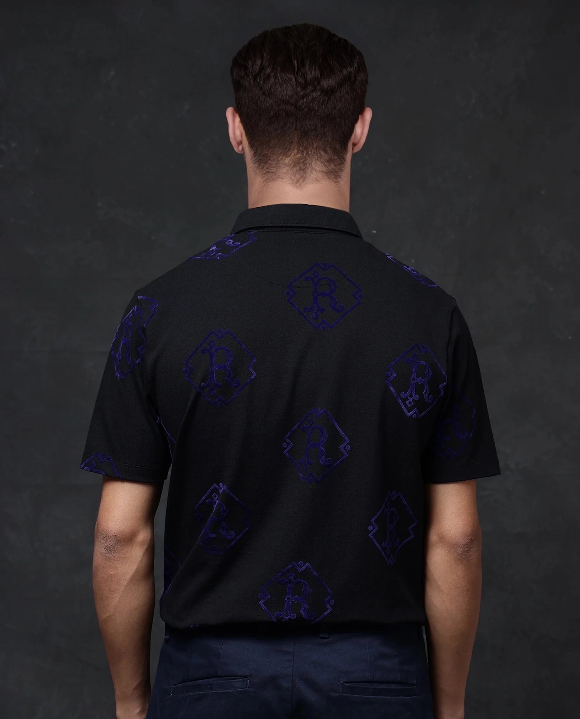 Rare Rabbit Men Roson Black Short Sleeve Regular Collar Button Closure Regular Premium Monogram Flock Print Polo