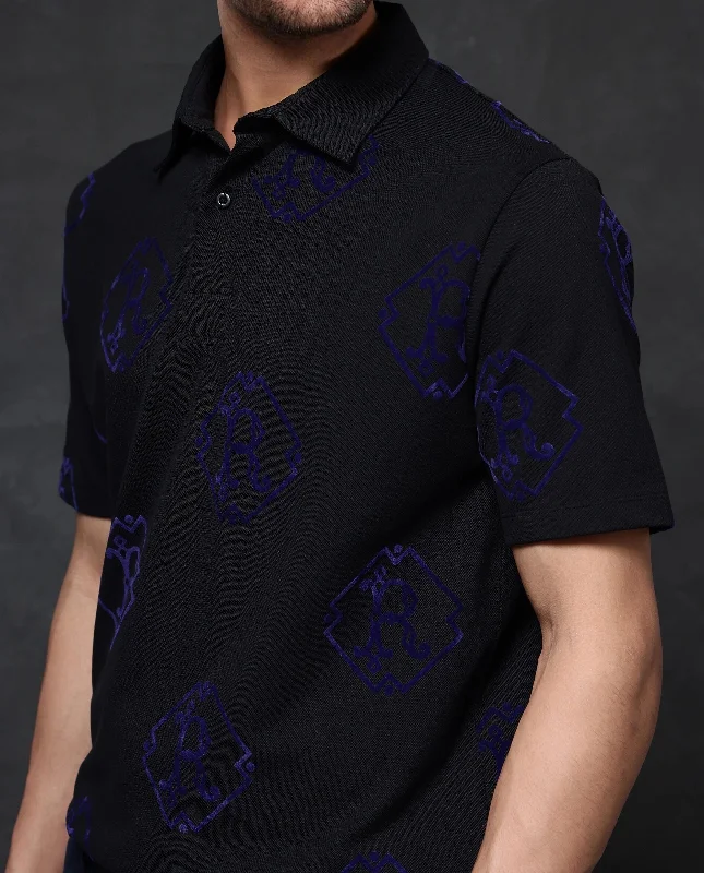 Rare Rabbit Men Roson Black Short Sleeve Regular Collar Button Closure Regular Premium Monogram Flock Print Polo