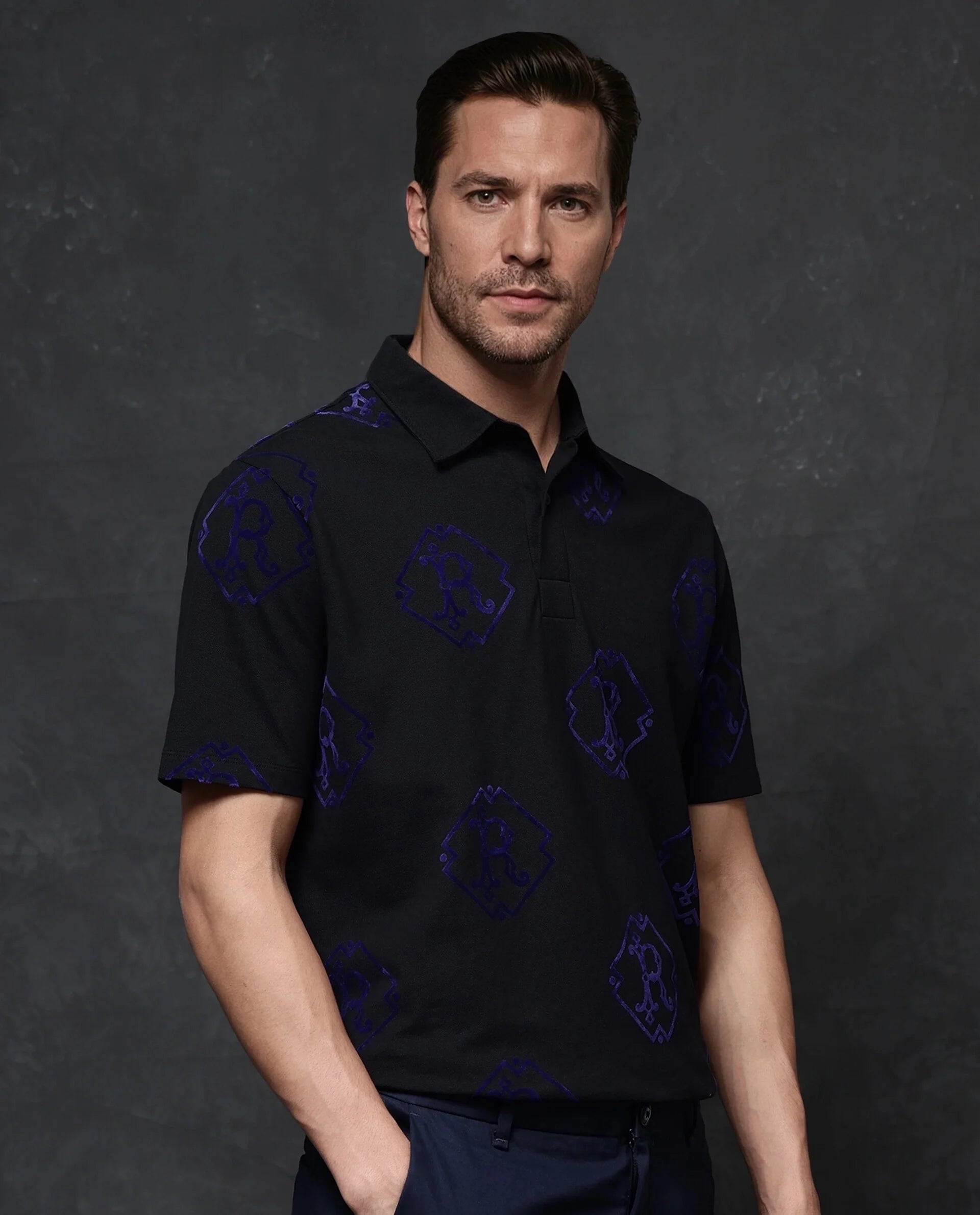 Rare Rabbit Men Roson Black Short Sleeve Regular Collar Button Closure Regular Premium Monogram Flock Print Polo