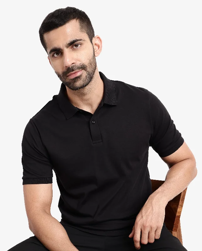 Rare Rabbit Men Row-1 Black Cotton Fabric Short Sleeve Button Closure Regular Fit Solid Polo T-Shirt