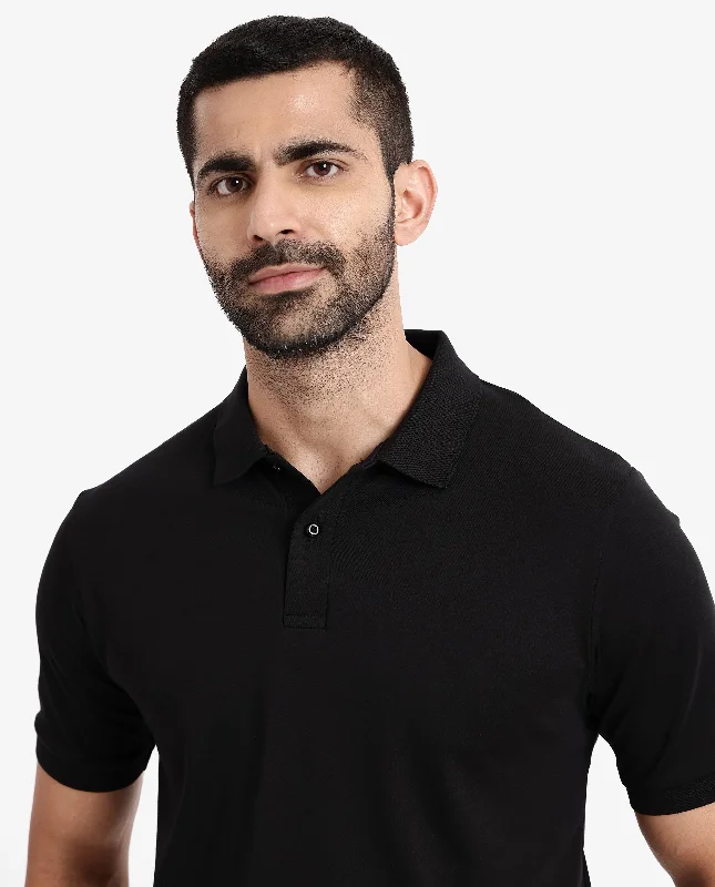 Rare Rabbit Men Row-1 Black Cotton Fabric Short Sleeve Button Closure Regular Fit Solid Polo T-Shirt