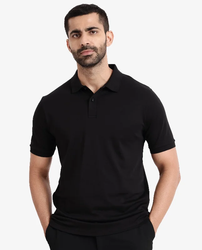 Rare Rabbit Men Row-1 Black Cotton Fabric Short Sleeve Button Closure Regular Fit Solid Polo T-Shirt