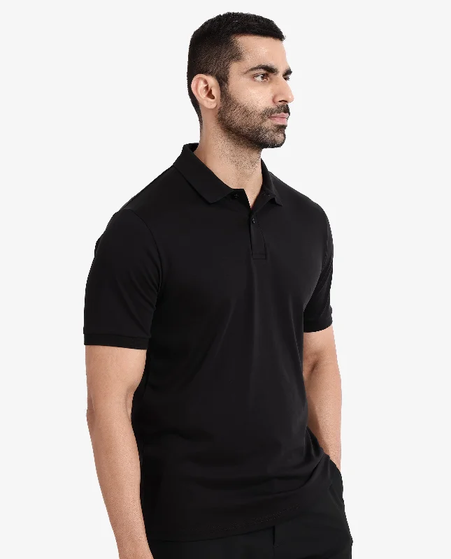 Rare Rabbit Men Row-1 Black Cotton Fabric Short Sleeve Button Closure Regular Fit Solid Polo T-Shirt