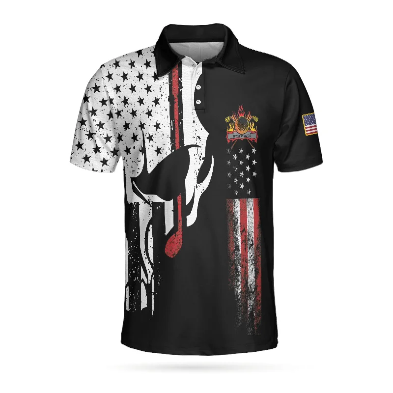 Skull American Flag With Golf Club Polo Shirt, Black And White American Flag Polo Shirt, Patriotic Golf Shirt For Men Coolspod