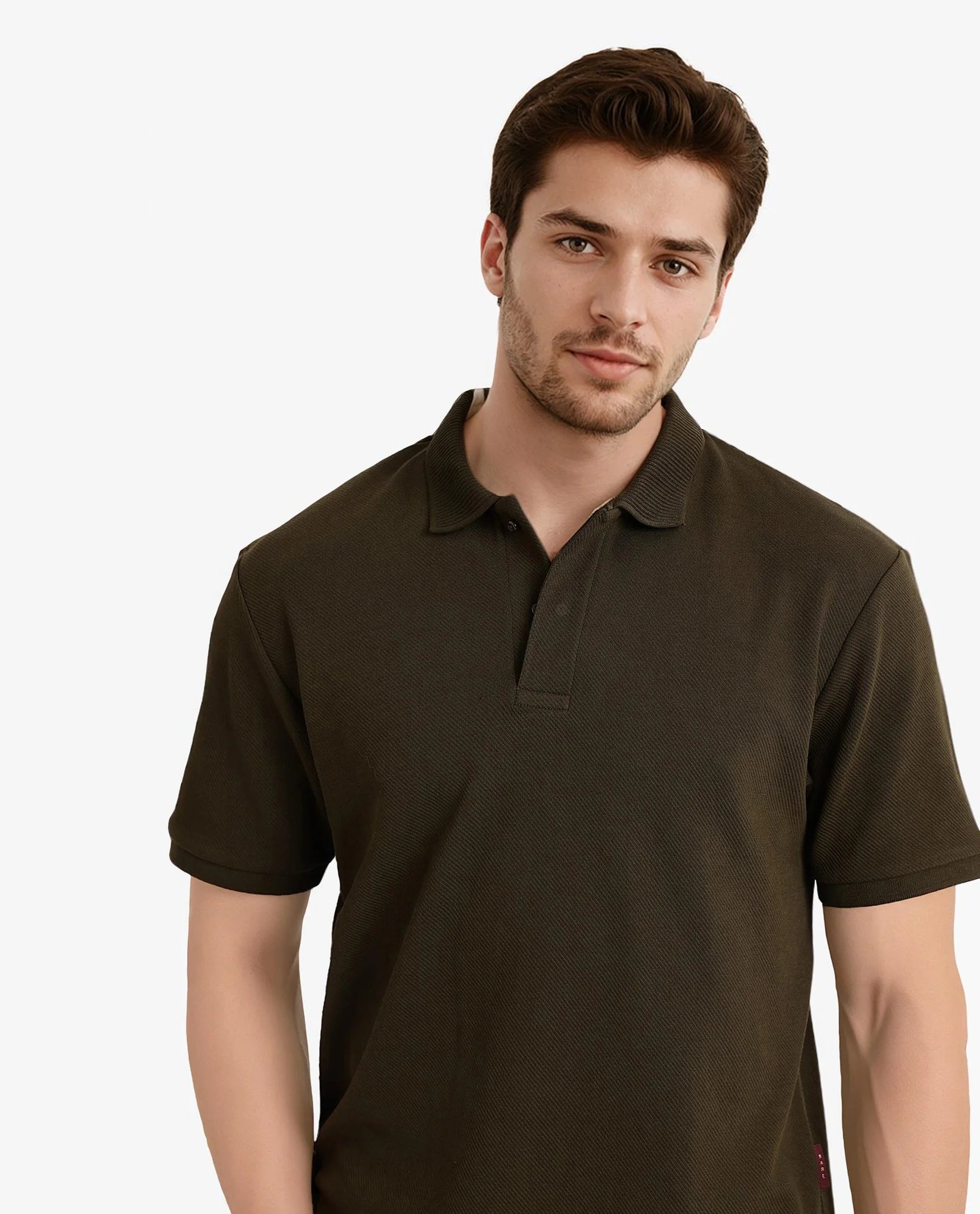 Rare Rabbit Men Spec Olive Cotton Polyester Fabric Short Sleeve Calvary Twill Textured Oversized Polo