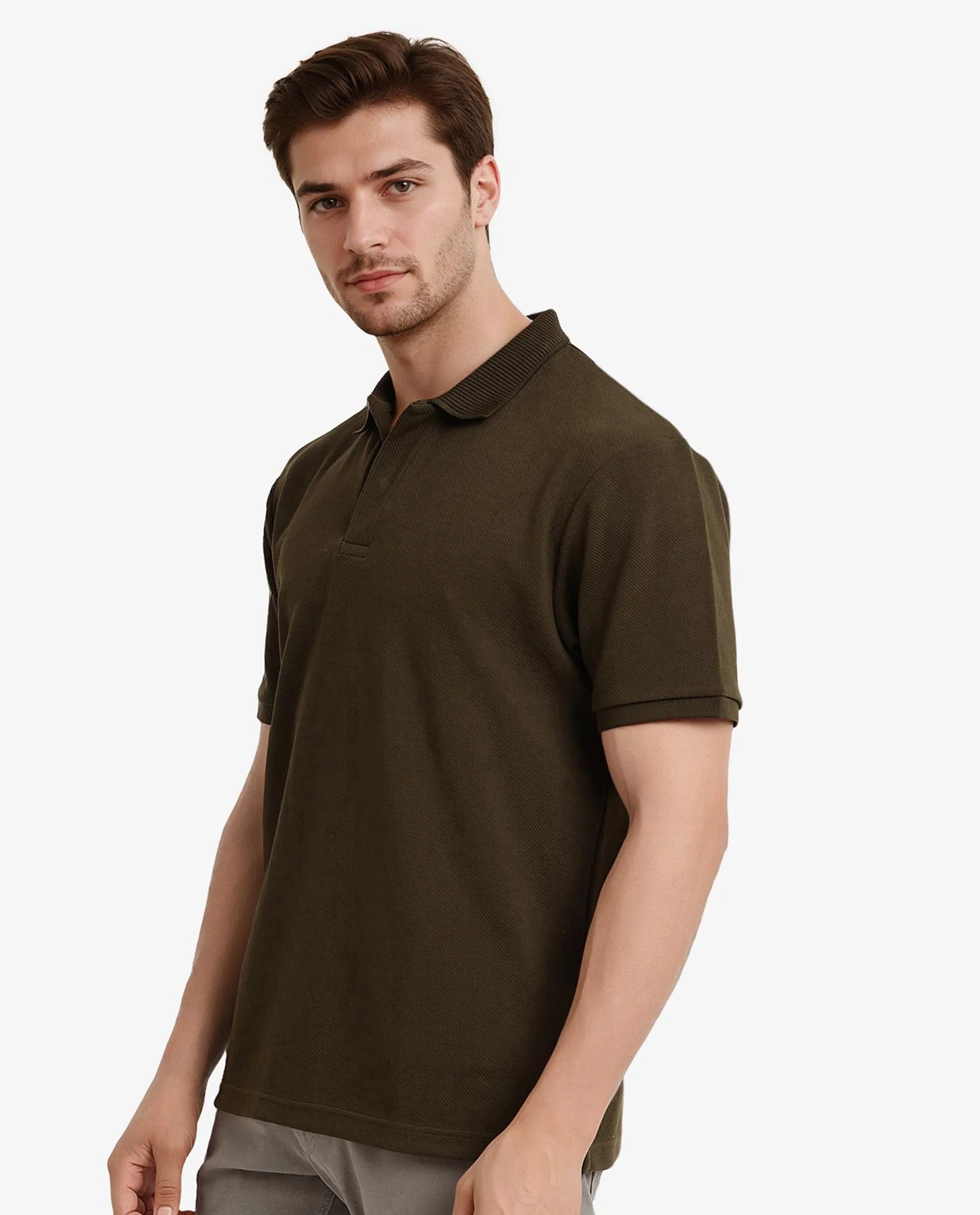 Rare Rabbit Men Spec Olive Cotton Polyester Fabric Short Sleeve Calvary Twill Textured Oversized Polo