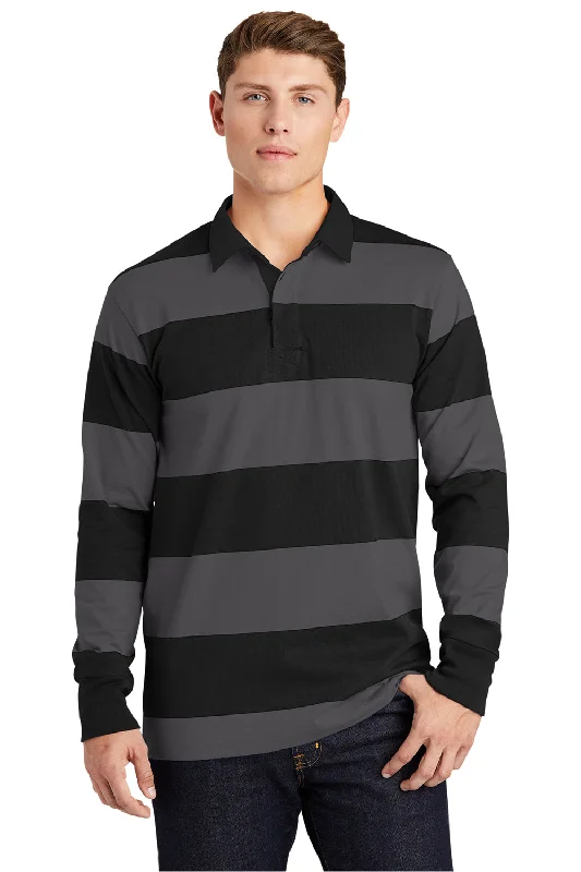 Sport-Tek Mens Classic Rugby Long Sleeve Polo Shirt - Black/Graphite Grey