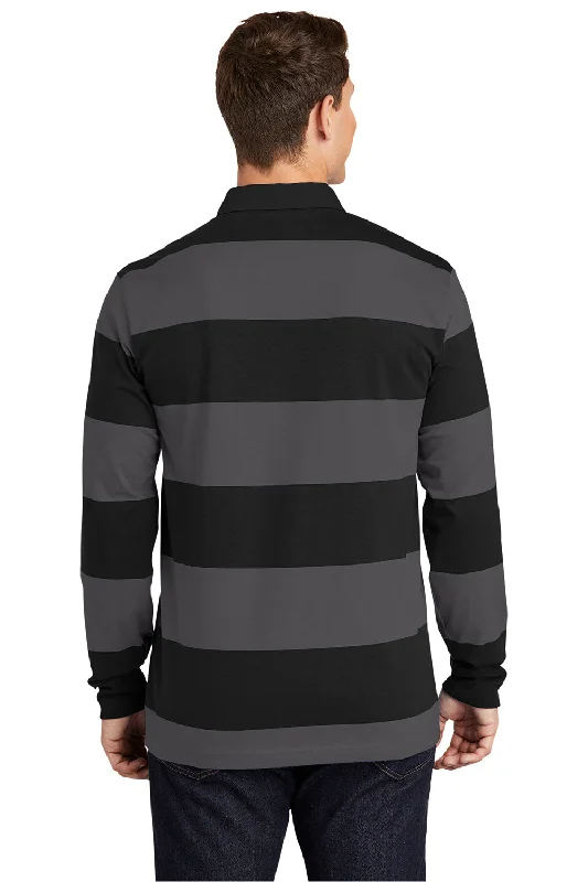 Sport-Tek Mens Classic Rugby Long Sleeve Polo Shirt - Black/Graphite Grey