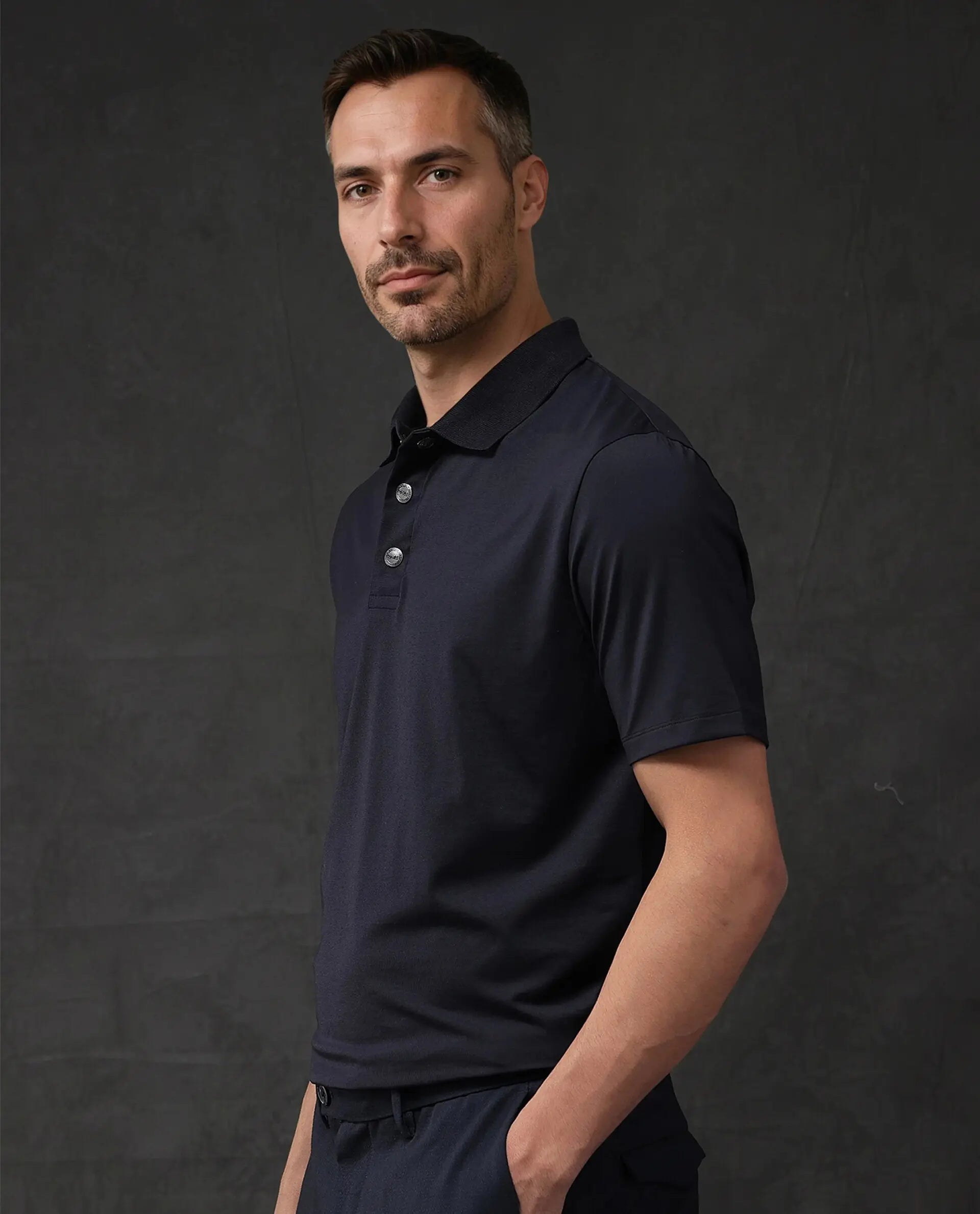 Rare Rabbit Men Tang-1 Navy Short Sleeve Regular Collar Button Closure Plain Polo