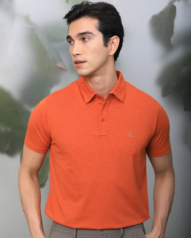 Rare Rabbit Men's Tunas Dark Rust Cotton Polyester Fabric Collared Neck Half Sleeves Striped Polo T-Shirt