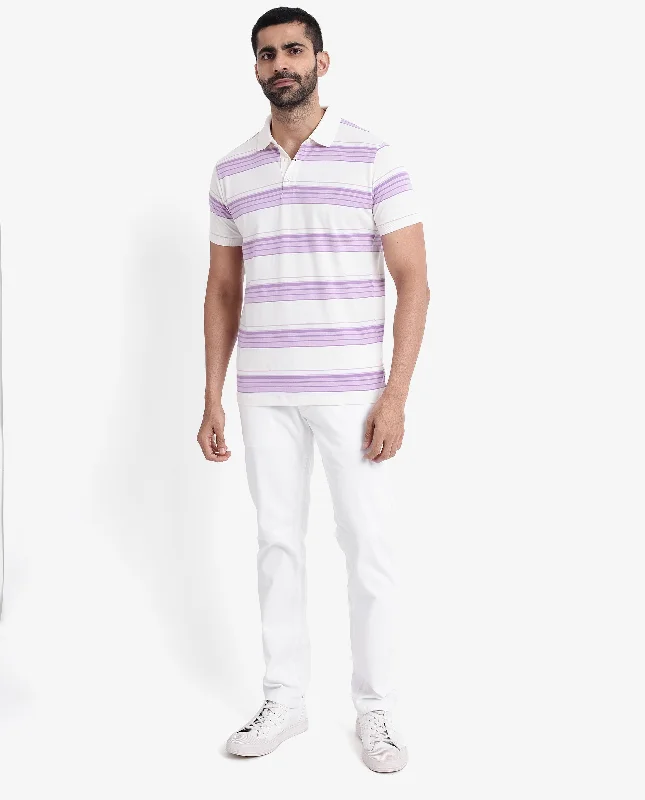 Rare Rabbit Men's Verdun Beige Cotton Fabric Half Sleeves Striped Polo T-Shirt