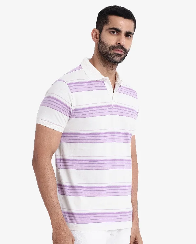 Rare Rabbit Men's Verdun Beige Cotton Fabric Half Sleeves Striped Polo T-Shirt