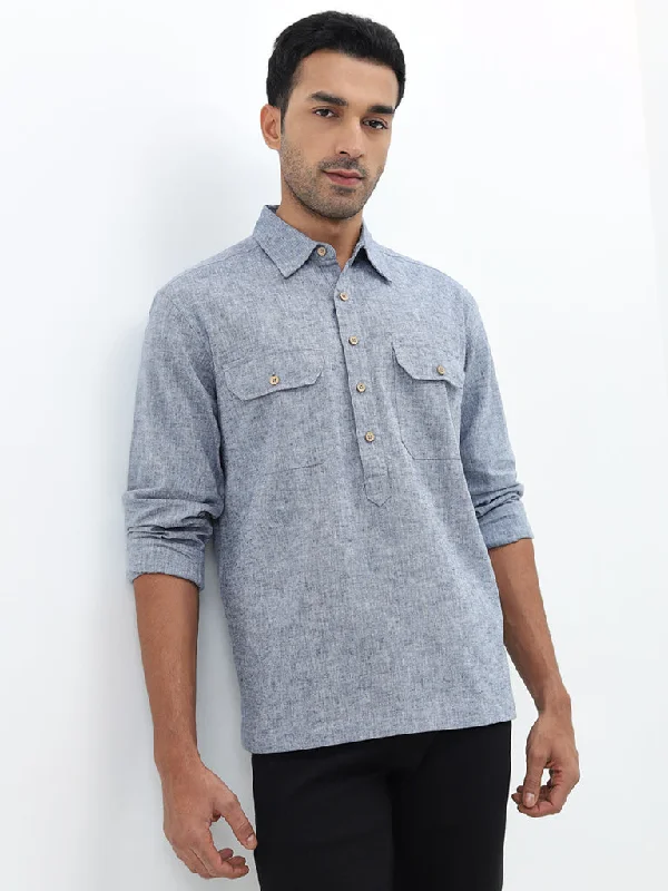 WES Casuals Blue Linen-Blend Relaxed-Fit Shirt