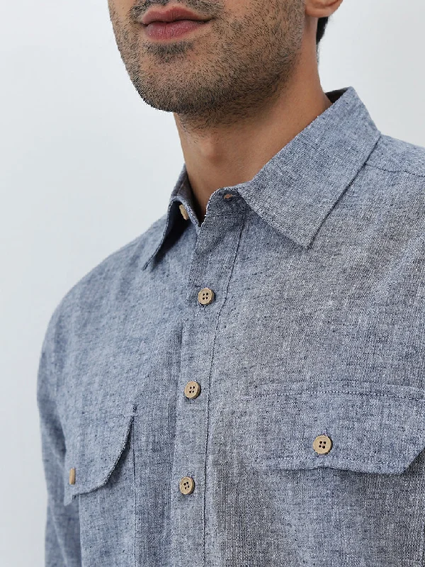 WES Casuals Blue Linen-Blend Relaxed-Fit Shirt