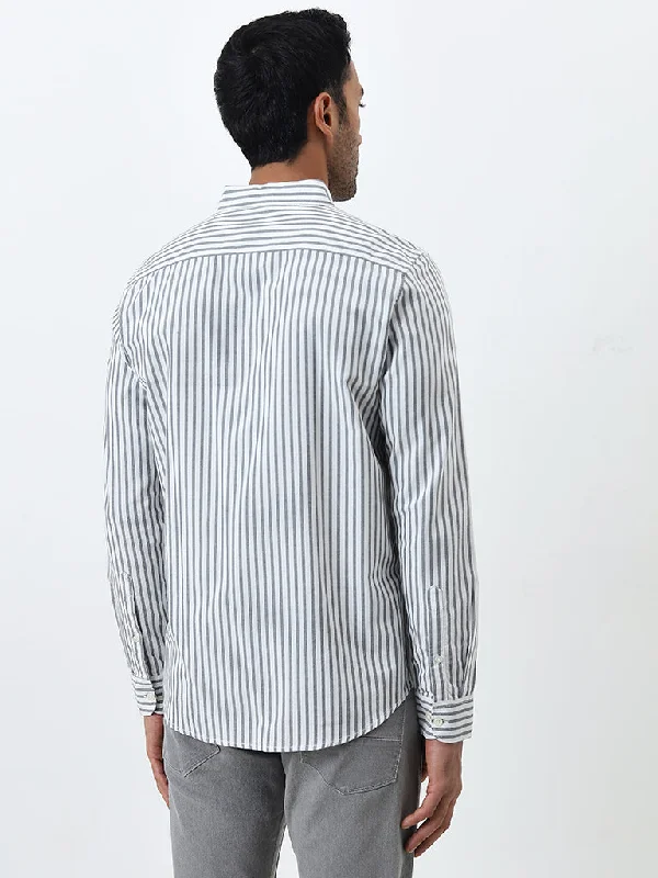 WES Casuals Dark Sage Striped Slim-Fit Cotton Shirt