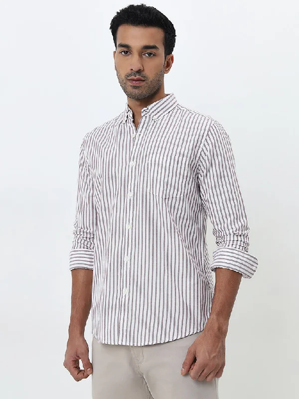 WES Casuals Light Purple Striped Slim-Fit Cotton Shirt