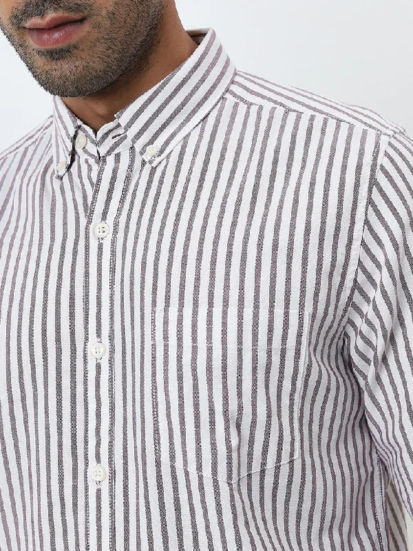 WES Casuals Light Purple Striped Slim-Fit Cotton Shirt