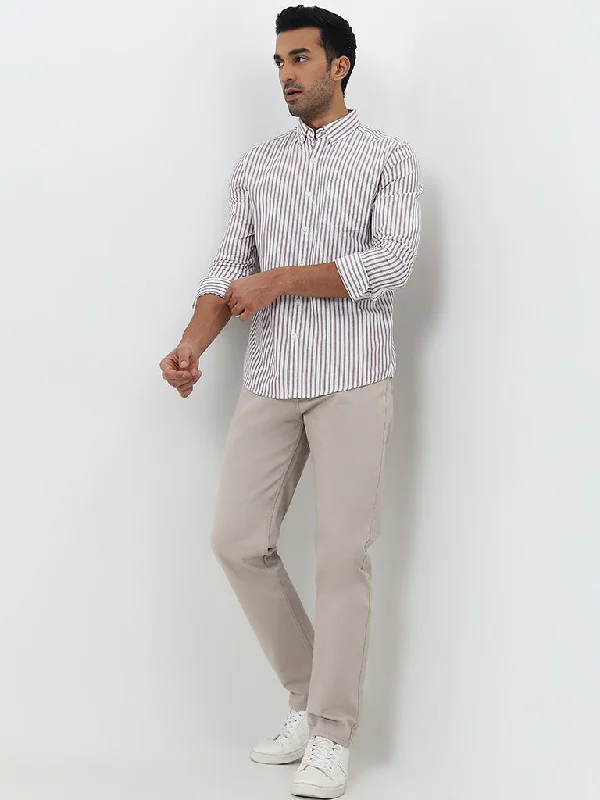 WES Casuals Light Purple Striped Slim-Fit Cotton Shirt