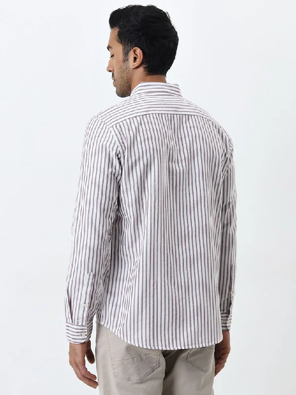 WES Casuals Light Purple Striped Slim-Fit Cotton Shirt