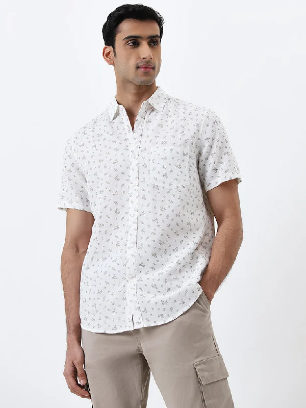 WES Casuals White Botanical Printed Slim-Fit Shirt