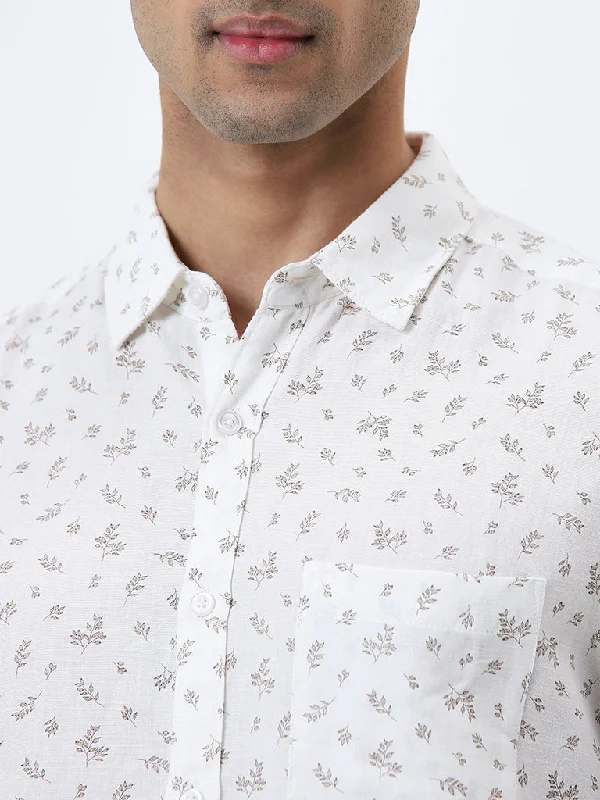 WES Casuals White Botanical Printed Slim-Fit Shirt