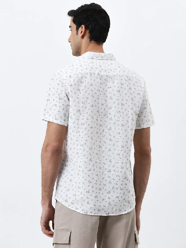 WES Casuals White Botanical Printed Slim-Fit Shirt