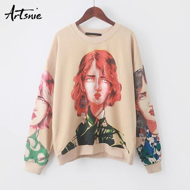 Artsnie streetwear character print women sweatshirt spring 2019 o neck long sleeve pullover knitted oversized hoodie sweatshirts