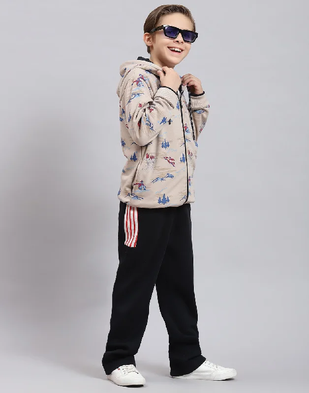 Boys Beige Printed Hooded Full Sleeve Sweatshirt