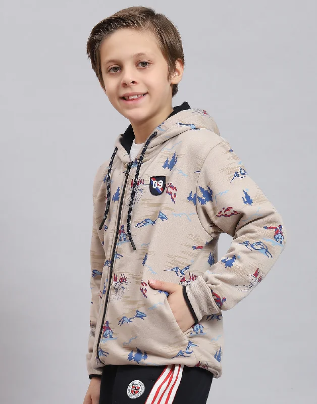 Boys Beige Printed Hooded Full Sleeve Sweatshirt