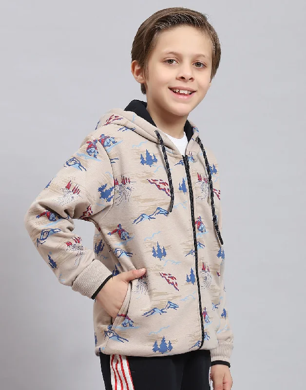 Boys Beige Printed Hooded Full Sleeve Sweatshirt